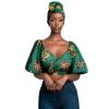 African Women Clothes Dashiki Summer Sexy Lantern Sleeve Deep V-Neck Print Cross Crop Top Shirts with Turban Headtie 707 12 view 1