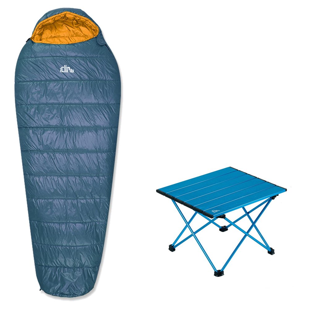 iClimb 1 Folding Table and 1 3M Thinsulate Insulation Sleeping Bag Bundle, Ultralight Compact for Solo Adult Backpacking Camping Hiking Motorcycling Outdoor Indoor