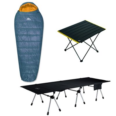 iClimb 1 Folding Table and 1 3M Thinsulate Insulation Sleeping Bag and 1 Two Heights Super Easy Assemble Cot Bundle, Ultralight Compact for Single Adult Backpacking Camping Hiking Motorcycling Outdoor