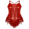 easyforever Women's Glitter Sequins Latin Dance Leotard Dancewear Fringe Jazz Ballroom Samba Dance Dress Red A Medium view 3