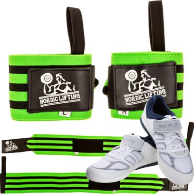 Nordic Lifting Super Heavy Duty Wrist Wraps - Green Bundle with Shoes Venja Size 7 - White