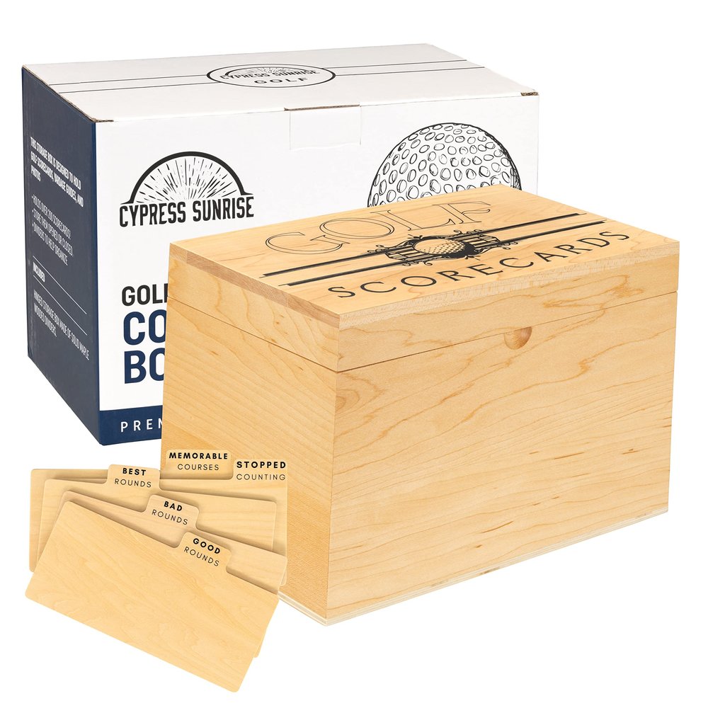 Golf Scorecard Collection Box - Holds Scorecards, Photos, Keepsakes, Yardage Books | Storage Box with 5 Dividers to Organize and Display Golf Score Cards and Accessories Perfect Unique Gift