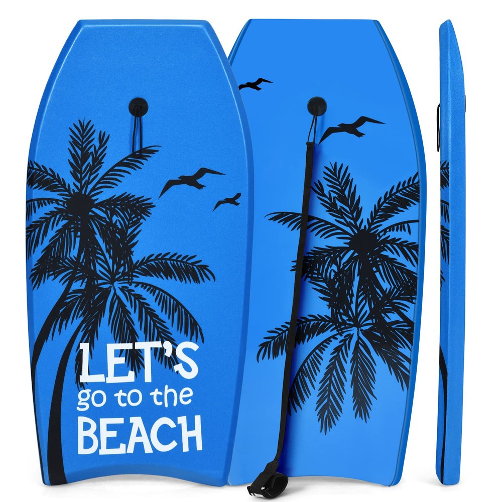 Goplus Bodyboard for Beach, 33/37/41 Inches Lightweight Body Board w/ Wrist Leash, EPS Core, XPE Deck, HDPE Slick Bottom, Surfboard for Kids Teens Adults Surfing (Blue Coconut Palm, 37 inch)