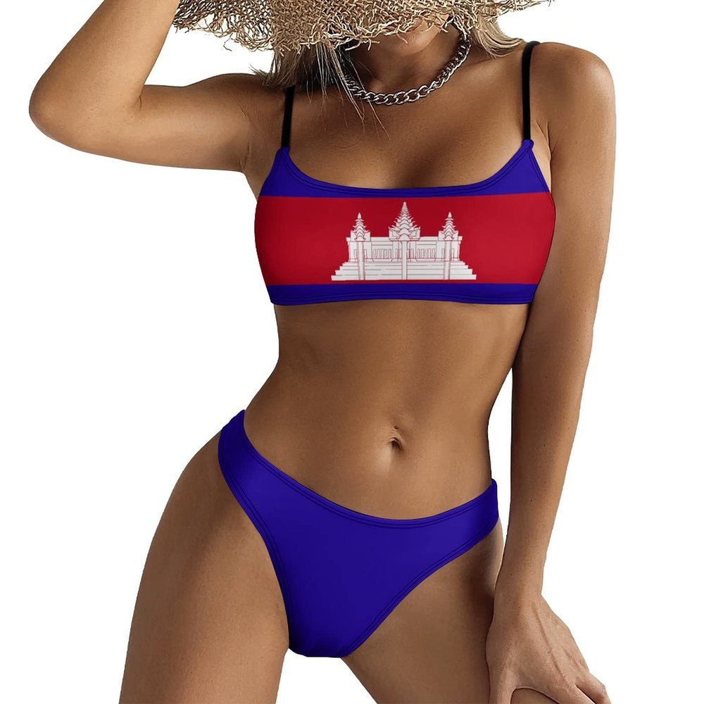 Adugen Origei Summer Print Women's Cambodia Flag Bikini Swimwear Hawaii Bikini Set Swimsuit S