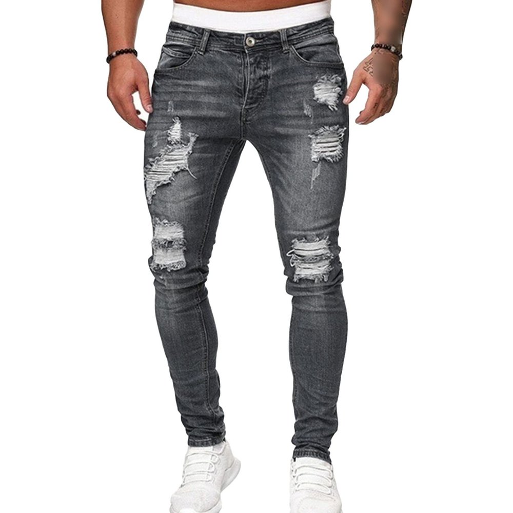 Maiyifu-GJ Men's Skinny Ripped Stretch Jeans Destroyed Distressed Tapered Leg Denim Pants Holes Slim Fit Biker Jean Trousers (Grey,Small)
