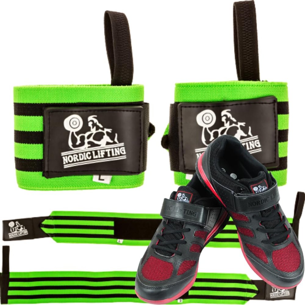 Nordic Lifting Super Heavy Duty Wrist Wraps - Green Bundle with Shoes Venja Size 7 - Black Red