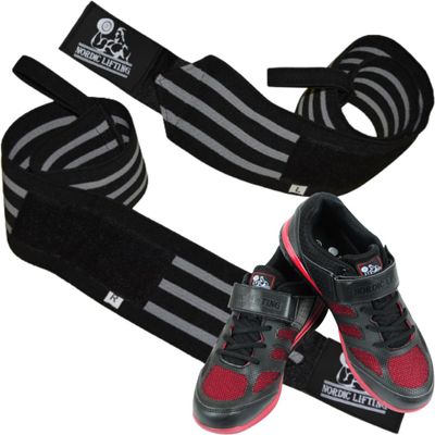 Nordic Lifting Super Heavy Duty Wrist Wraps - Black Grey Bundle with Shoes Venja Size 7 - Black Red