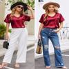 Ekouaer Silk Pajama for Women Short Sleeve Satin Pj Set Two Piece Soft Sleepwear Loungewear Casual Pjs for Summer Wine Red XXL view 3