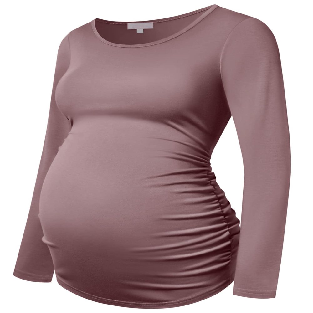 Bhome Maternity Shirt Long Sleeve Basic Top Ruch Sides Bodycon Tshirt for Pregnant Women Mauve L