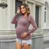 Maternity Shirt Long Sleeve Basic Top Ruch Sides Bodycon Tshirt for Pregnant Women Mauve XL view 2