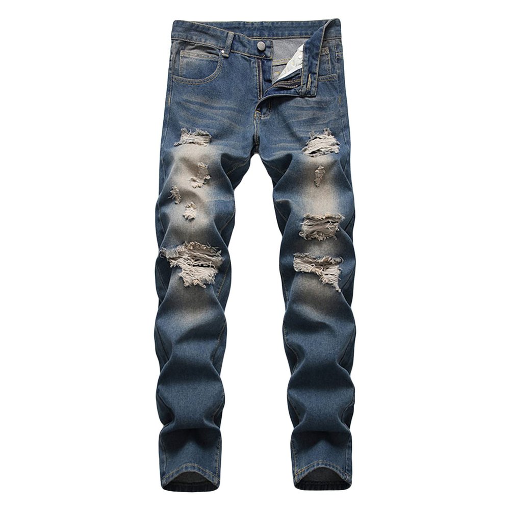 Ripped Slim Fit Jeans for Men Distressed Destroyed Straight Leg Denim Pant Vintage Washed Jean Pants with Holes (Blue,29)