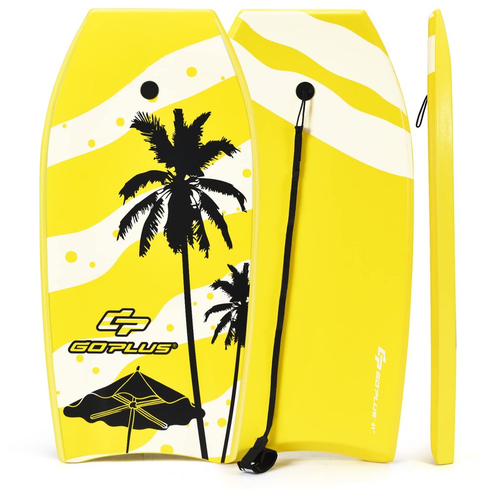 Goplus Bodyboard for Beach, 33/37/41 Inches Lightweight Body Board w/ Wrist Leash, Superior Buoyancy EPS Core & HDPE Slick Bottom, Surfboard for Kids Teens Adults Surfing(33inch,Yellow Coconut Palm)