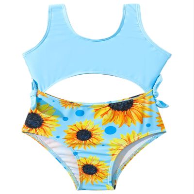Kaerm Kids Girls Waist Cut Out Flower Pattern Swimwear Tie Side Slim Fit Surfing Bodysuit Sky Blue 9-10 Years