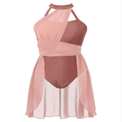 easyforever Lyrical Dance Costume for Women Contemporary Sleeveless Mesh Color Block Ballet Leotard Dress Apricot Medium