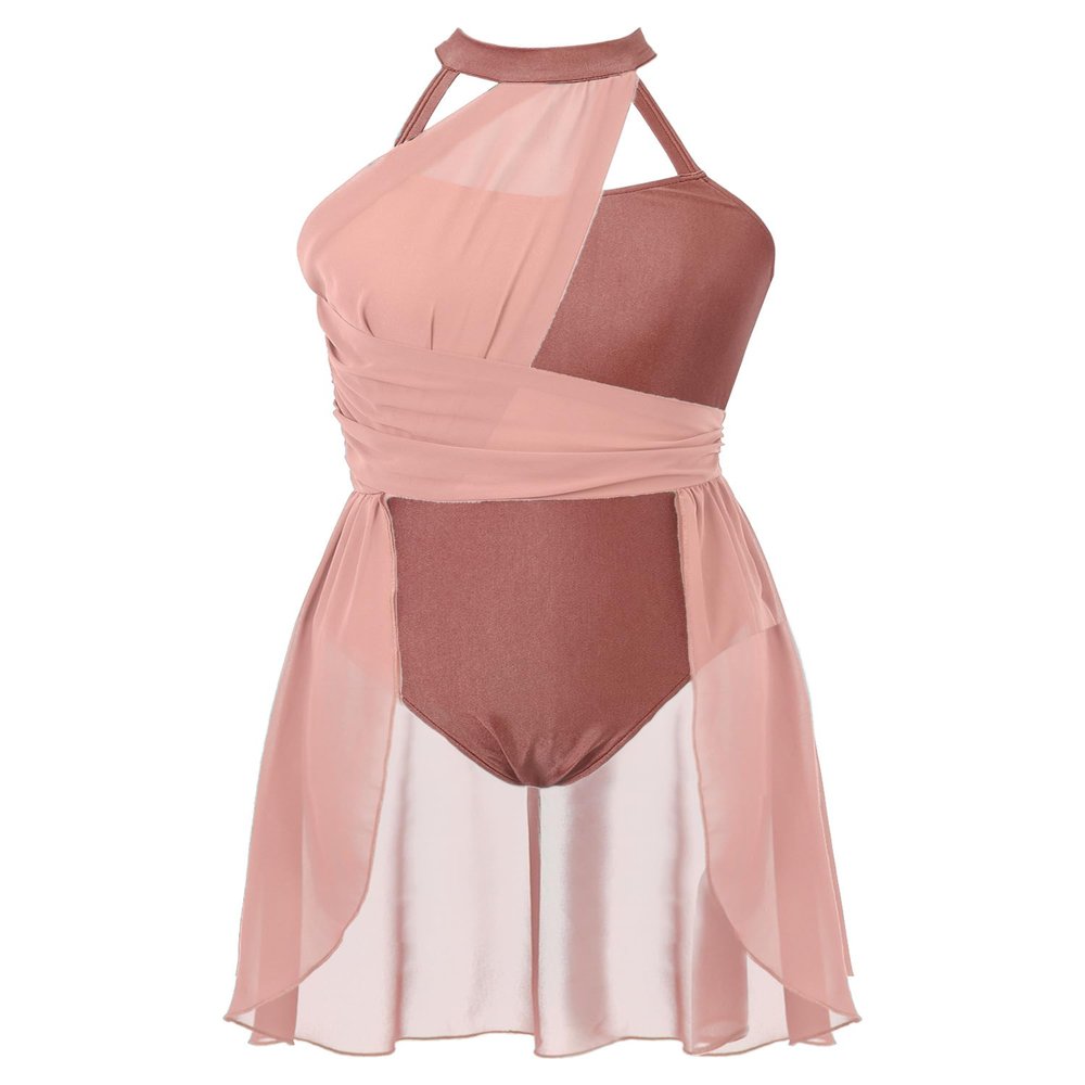 easyforever Lyrical Dance Costume for Women Contemporary Sleeveless Mesh Color Block Ballet Leotard Dress Apricot Medium