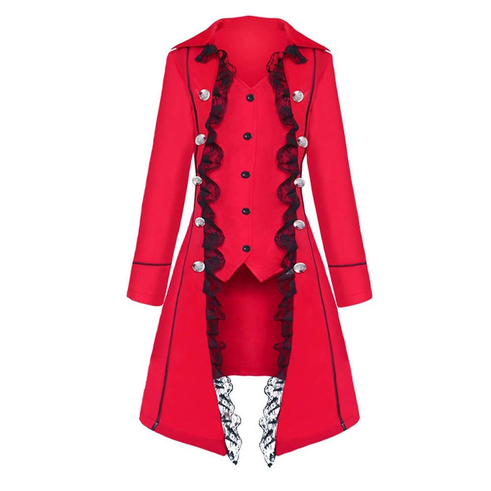 XUNRYAN Women Steampunk Trench Coats Medieval Renaissance Victorian Vampire Gothic Long Winter Jacket Halloween Costume Red