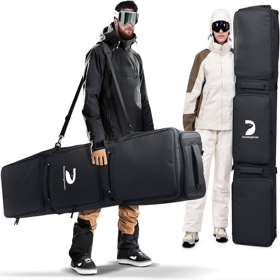 DASHINGNOAH Waterproof Ski Bag with Wheels, Double Rolling Snowboard Bag for Air Travel Extendable From 165CM-177CM, with 3 Padded Outside Compartment Storage Helmet, Boots, Goggles, Jackets