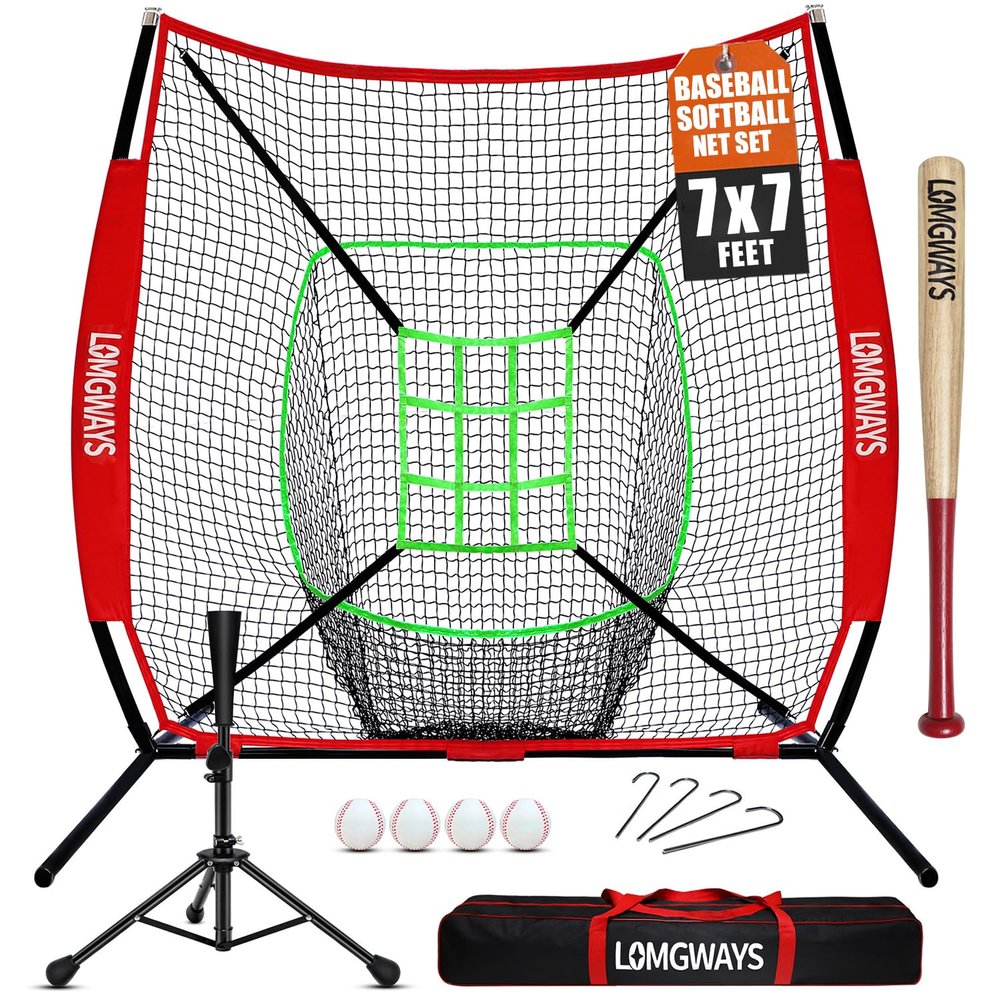 7'x7' Portable Baseball Net Set - Batting, Hitting & Pitching Practice Net with Tee, Bat, Balls, Strike Zone, Carrying Bag, for All Skills