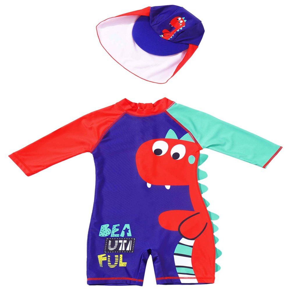 Kaerm Junior Youth Quick-Dry Swimming Jumpsuit Quater Back Zipper Swimwear with Swimming Cap Red&Navy Blue 4-5 Years