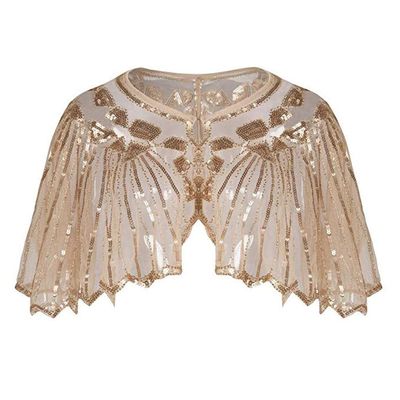 HGps8w Women's 1920s Sequin Gatsby Shawl Beaded Deco Evening Cape Wrap Bridal Shawl Bolero Flapper Cover Up