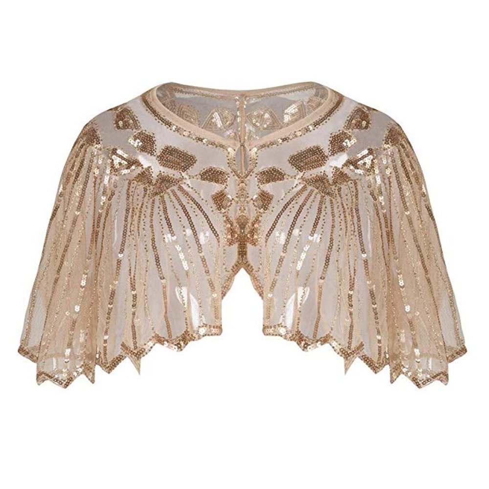HGps8w Women's 1920s Sequin Gatsby Shawl Beaded Deco Evening Cape Wrap Bridal Shawl Bolero Flapper Cover Up
