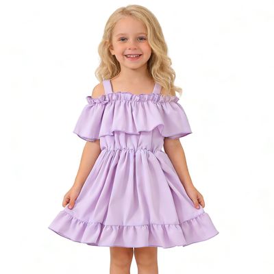 AGQT Toddler Girls Chiffon Dress Summer Beachwear Sundress Off Shoulder Princess Suspender Ruffle Tunic Dress Purple Size 3-4T