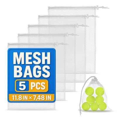 5 PCs Mesh Laundry Bags Drawstring Small Mesh Bag White 11.8 x 7.48" Multipurpose Nylon Net Bags with Tight Closure for Storing Balls, Clothes, Sports Gear at Gym, Beach, Laundry, & Travel Use