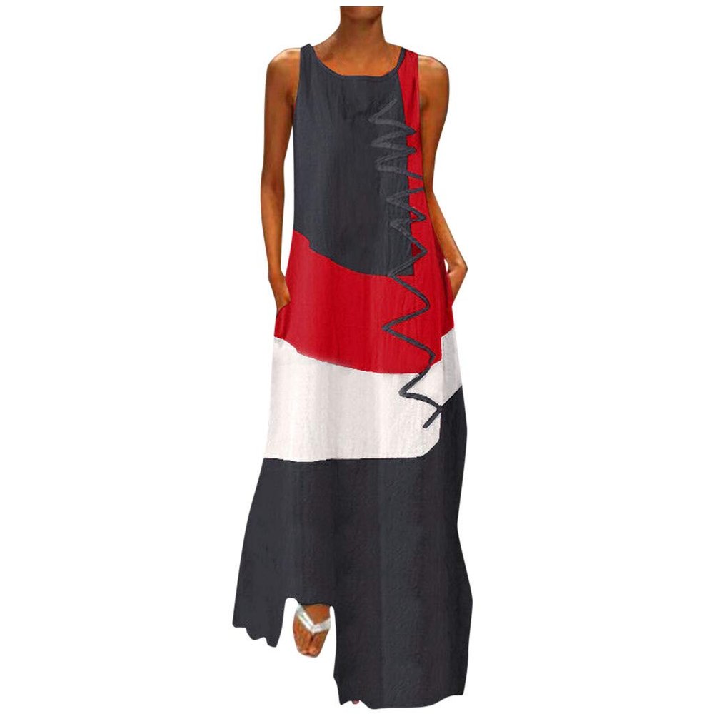 Long Dress for Women Summer Casual Plus Size Color Block Sleeveless Maxi Dresses with Pockets Grey