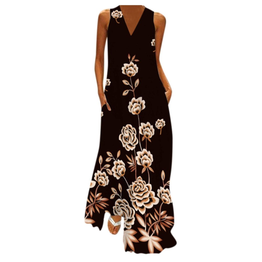 Boho Dress for Women Fashion Floral Sleeveless Summer V Neck Pockets Party Maxi Long Dresses Brown