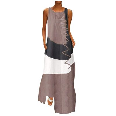 Long Dress for Women Summer Casual Plus Size Color Block Sleeveless Maxi Dresses with Pockets Khaki
