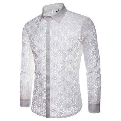 QWENTMTNTY Mens Mesh Shirt Button Down Long Sleeve Casual Fashion See-Through Lace Tops Hollow Flower Muscle Fitted T-Shirt