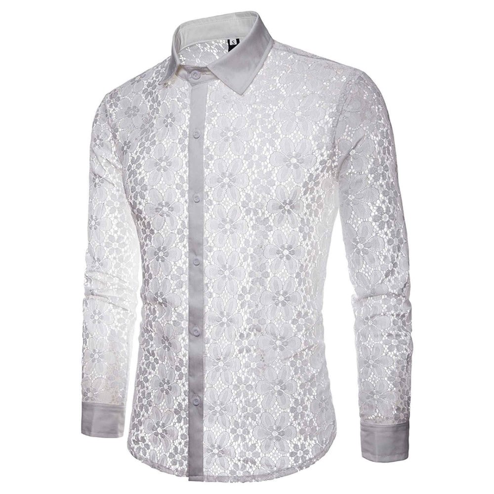 QWENTMTNTY Mens Mesh Shirt Button Down Long Sleeve Casual Fashion See-Through Lace Tops Hollow Flower Muscle Fitted T-Shirt