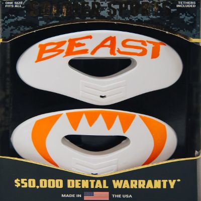Beast - WHT/ORG Lip Protector MOUTHGUARD 2-Pack, One Size Fits All, Works with or Without Braces, Includes Tethers, Football, All Sports