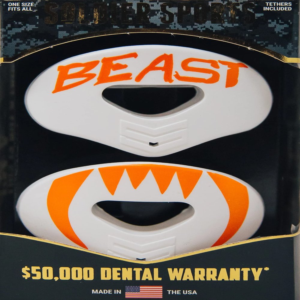 Beast - WHT/ORG Lip Protector MOUTHGUARD 2-Pack, One Size Fits All, Works with or Without Braces, Includes Tethers, Football, All Sports