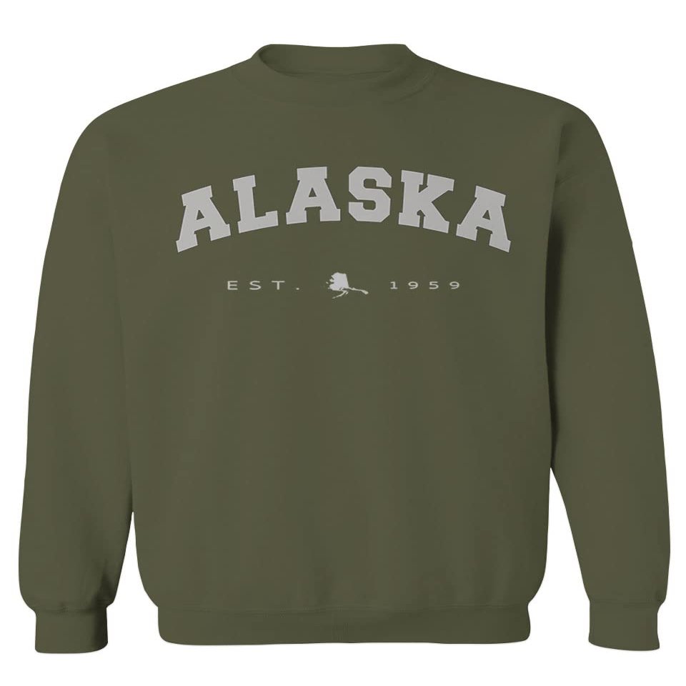 0497. Vintage Retro Graphic Alaskan Alaska State Men's Crewneck Sweatshirt (Olive, X-Large)