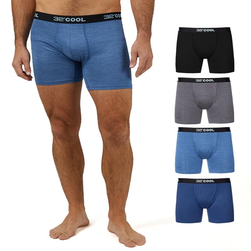 32 Degrees COOL Mens 4-PACK Quick Dry Performance Boxer Brief With Comfort Elastic Waistband, Black/Blue/Denim/Charcoal, Small