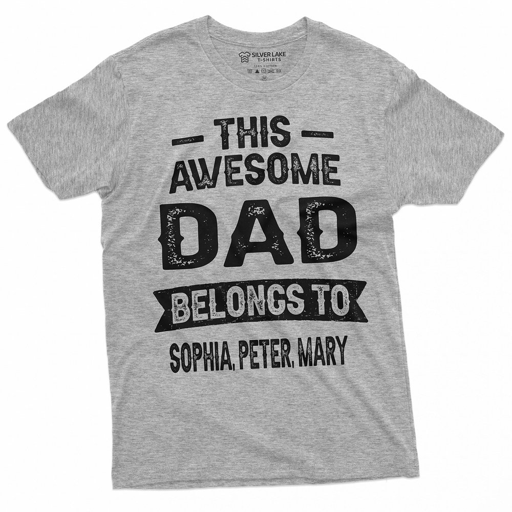Men's Customizable Dad Belongs to Your Kids Names T-Shirt | Father's Day Custom Tee (Medium Grey)