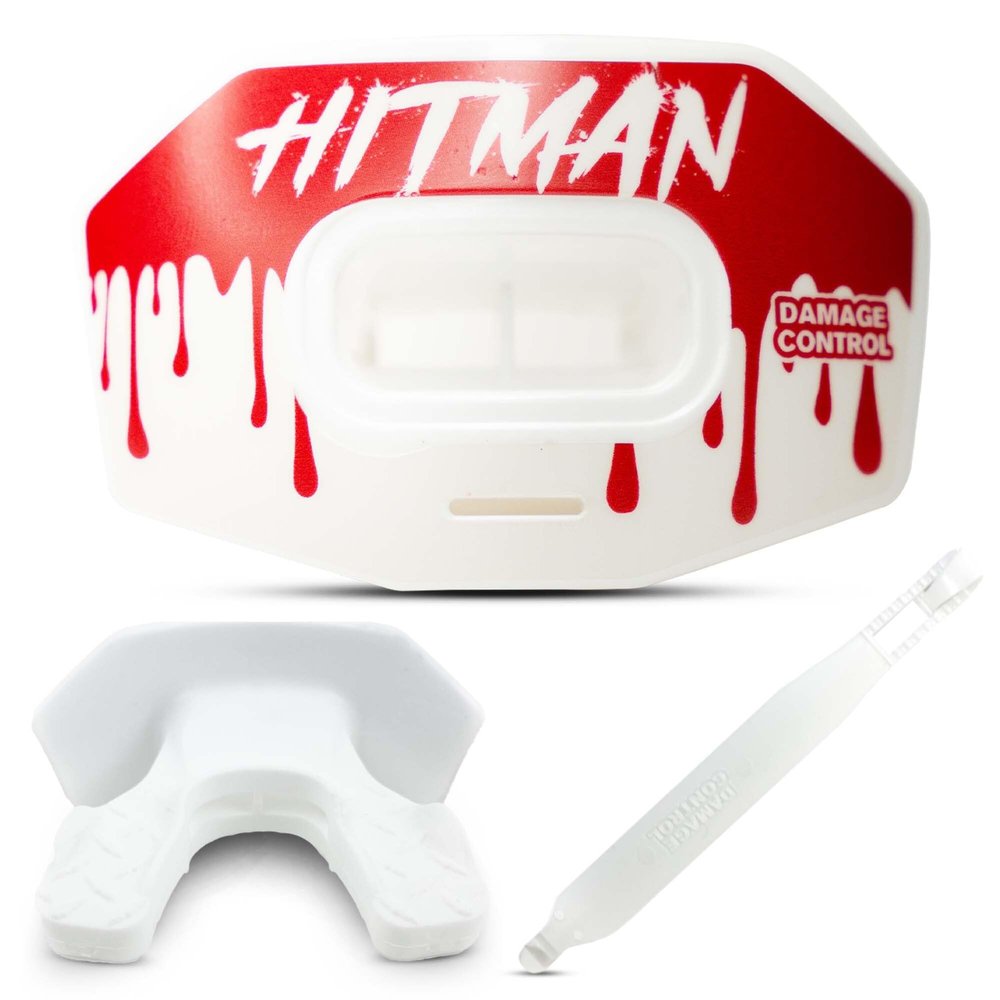 DAMAGE CONTROL Youth Football Mouth Guard  Breathable No Boil Mouthpiece, Protects Lips & Teeth, Works with Braces, Includes Helmet Strap  Sports Gear & Accessories (Hitman)