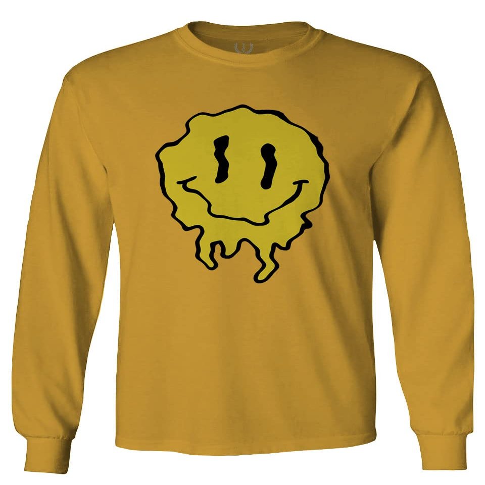 0498. Funny Happy face Melted EDM Rave Trippy Party Festival Men's Long Sleeve t Shirt (Gold 2X Large)