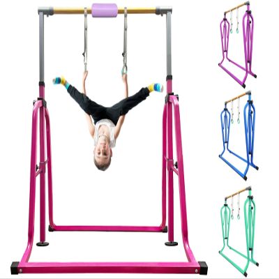 kechery Foldable & Moveable Gymnastics Horizontal Bar with Rings,3to 5Adjustable Height Expandable Junior Kip Bar for Home,Indoor Gym Equipment for Kids(Foldable Pink with Rings)