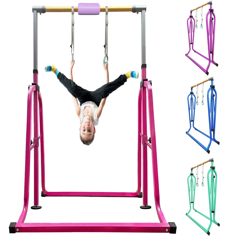 kechery Foldable & Moveable Gymnastics Horizontal Bar with Rings,3to 5Adjustable Height Expandable Junior Kip Bar for Home,Indoor Gym Equipment for Kids(Foldable Pink with Rings)