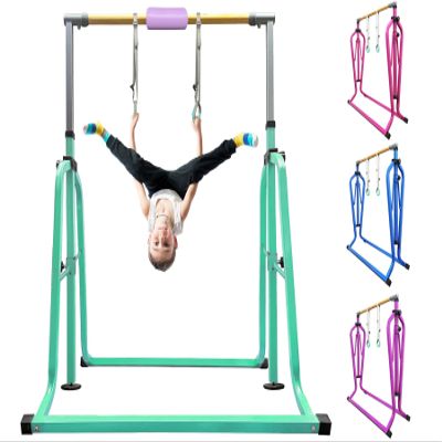 kechery Foldable & Moveable Gymnastics Horizontal Bar with Rings,3to 5Adjustable Height Expandable Junior Kip Bar for Home,Indoor Gym Equipment for Kids(Foldable Green with Rings)