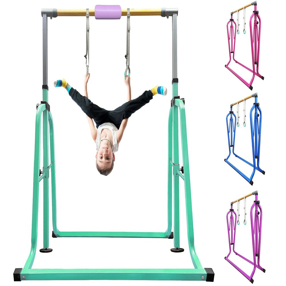 kechery Foldable & Moveable Gymnastics Horizontal Bar with Rings,3to 5Adjustable Height Expandable Junior Kip Bar for Home,Indoor Gym Equipment for Kids(Foldable Green with Rings)