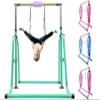 kechery Foldable & Moveable Gymnastics Horizontal Bar with Rings,3to 5Adjustable Height Expandable Junior Kip Bar for Home,Indoor Gym Equipment for Kids(Foldable Green with Rings) view 1
