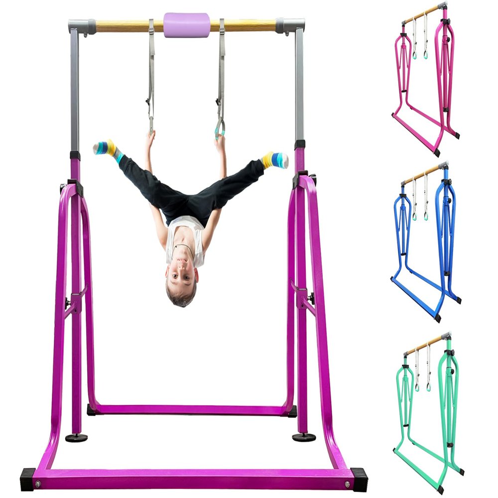 kechery Foldable & Moveable Gymnastics Horizontal Bar with Rings,3to 5Adjustable Height Expandable Junior Kip Bar for Home,Indoor Gym Equipment for Kids (Foldable Purple with Rings)