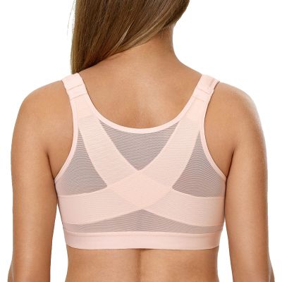 DELIMIRA Women's Front Closure Posture Wireless Back Support Full Coverage Bra Apricot Pink 36F