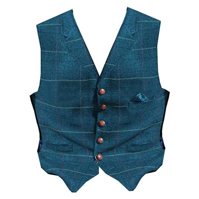 Casual Groomsmen Plaid Suit Vest for Men Tweed Lapel Waistcoat with 3 Real Pockets Male Formal Tank Top for Tuxedo Work Party (Color : Teal, Size : Medium)