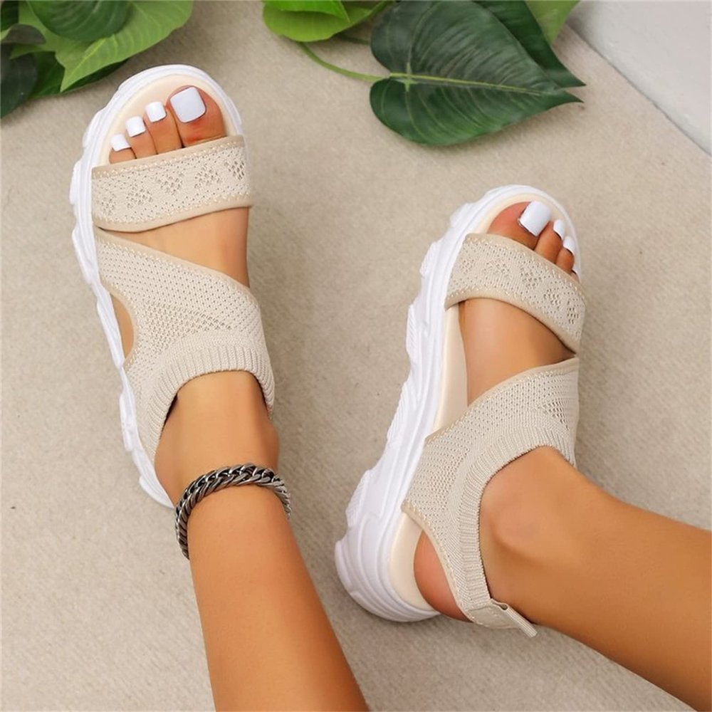 Comfortable Slingback Sandals for Women Summer Mesh Wedges Sport Sandals Stretch Fish Mouth Knit Sandals Casual Open Toe Walking Shoes,Beige,US11/EU42