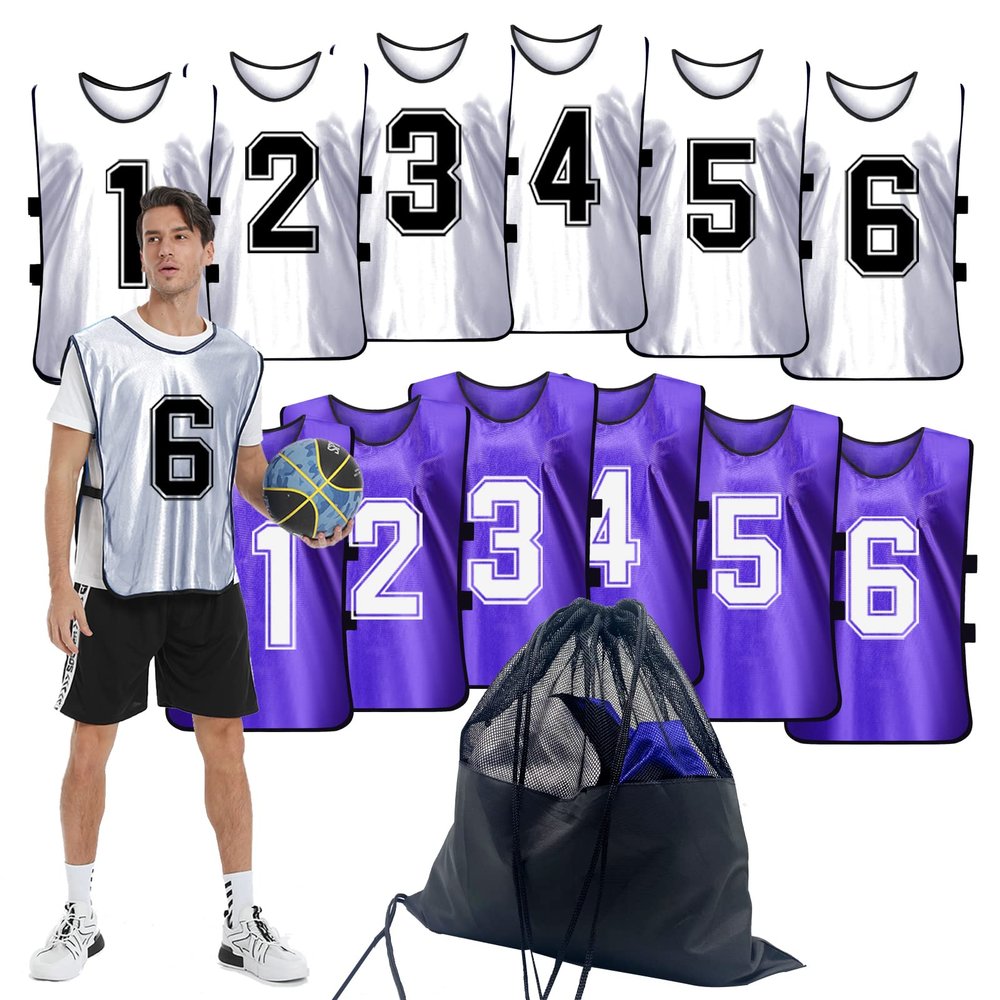 PULUOMASI Sports Pinnies-Numbered Practice Vest Pennies for Soccer Basketball Jersey Bibs -Set of 12/Youth Adults Team PurpleWhite2 XL
