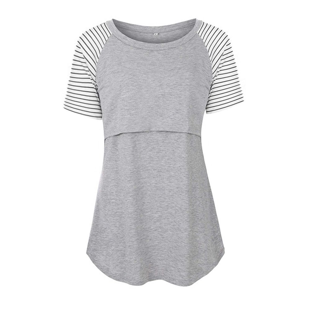Cotton Maternity Nursing Tops Short Sleeve Breastfeeding Clothes Shirt Stripe Round Neck Blouse with Pocket Gray X-Large